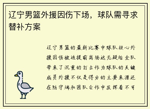 辽宁男篮外援因伤下场，球队需寻求替补方案