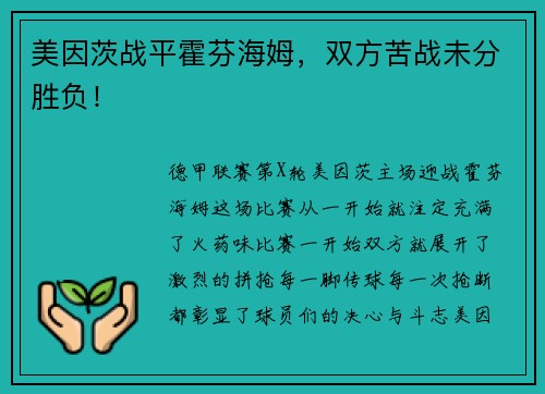 美因茨战平霍芬海姆，双方苦战未分胜负！