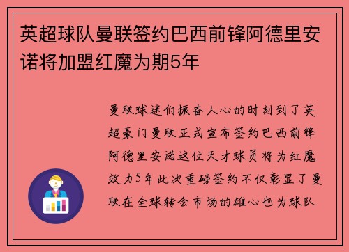 英超球队曼联签约巴西前锋阿德里安诺将加盟红魔为期5年